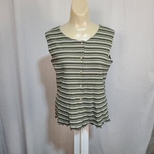 Fashion Bug Striped Sleeveless Top Vest Green and White Medium Button Front